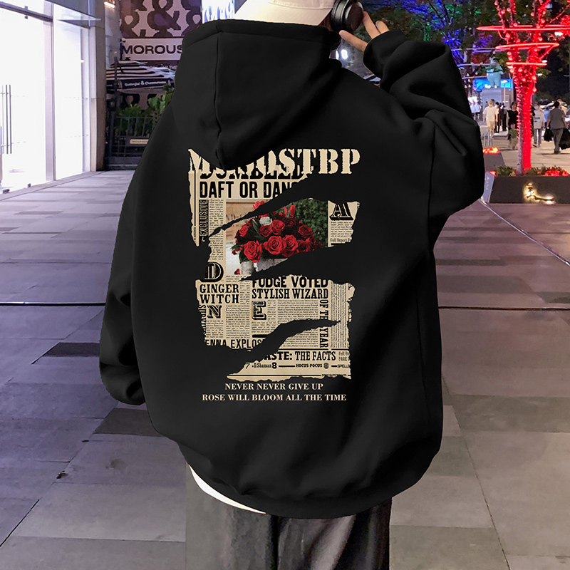 纯棉卫衣男春秋季新款连帽宽松套头休闲外套潮牌覆古玫瑰印花帽衫