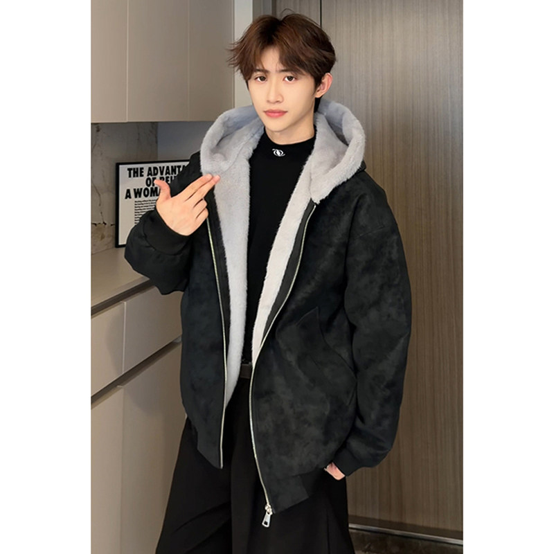 棉衣男秋冬季2026新款加绒厚款连帽外套保暖宽松休闲美式大码上衣