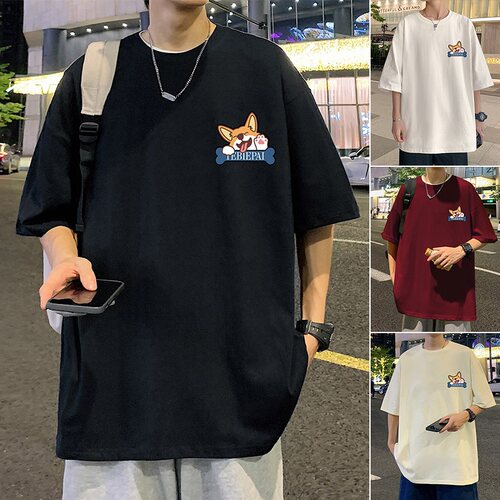 纯棉卡通小狗印花宽松短袖T恤潮