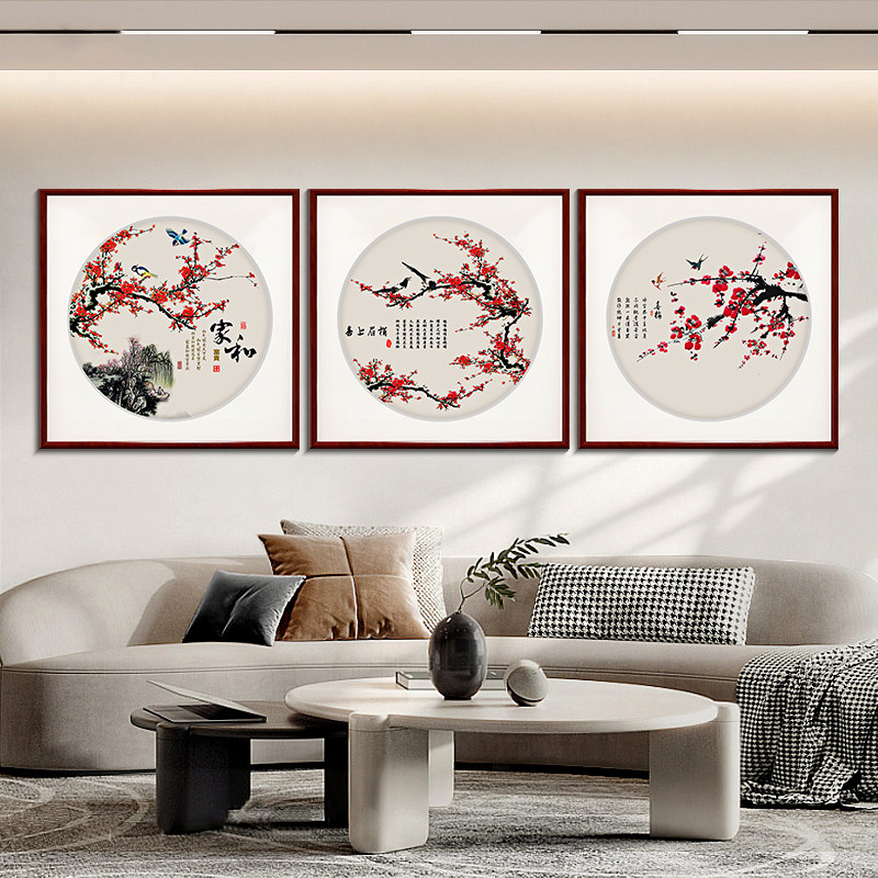 新中国风餐厅餐厅挂画客厅背景墙装饰画中国风入口壁画圆梅花图