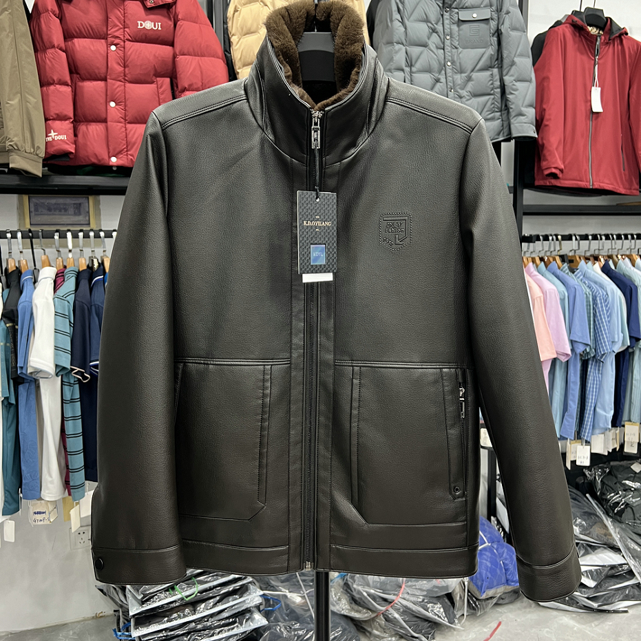 翻领PU皮衣加绒加厚皮毛保暖防风可翻领可立中年商务外套爸爸装冬