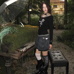 人棉螺纹1 复古辣妹风修身 显瘦长袖 T恤女设计感拼接上衣女 1美式