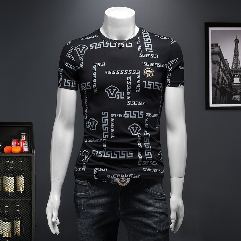 D3325809P75假模黑色2023春夏丝光棉圆领短袖T恤印花男潮，男装T恤，电商D332