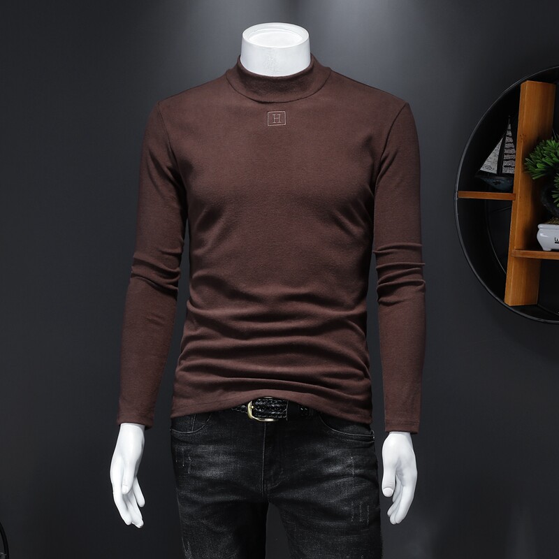 D3329816P80假模咖啡2023秋冬纯棉中领长袖打底衫磨毛加厚潮，男装T恤，电商D332