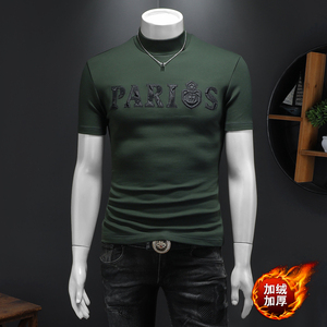 D332 36968 P85 假模绿色 2025秋冬纯棉中领短袖打底衫 加绒加厚,男装T恤,电商D332