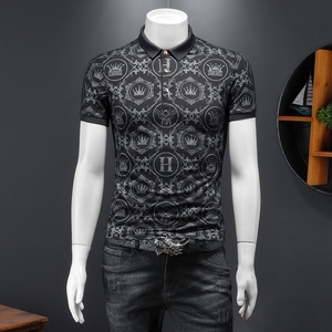 D332 2148 P75 假模灰色 2024春夏丝光棉翻领短袖POLO衫 印花男潮,男装Polo衫,电商D332