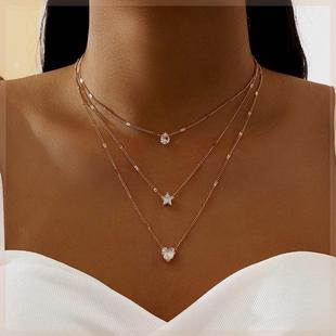 Heart Necklace Layered Pendant Charm Set Crystal Women Star