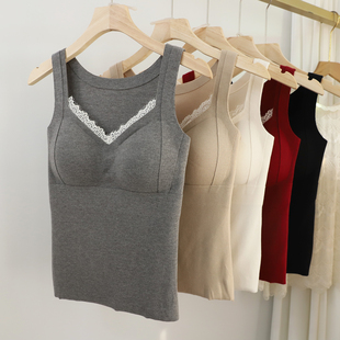 秋冬珍珠绒棉磨毛螺纹保暖背心免穿文胸蕾丝边无痕聚拢打底女上衣