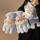 蓝色小企鹅手套可触屏毛绒棉手套女冬季 加绒加厚保暖五指手套围巾