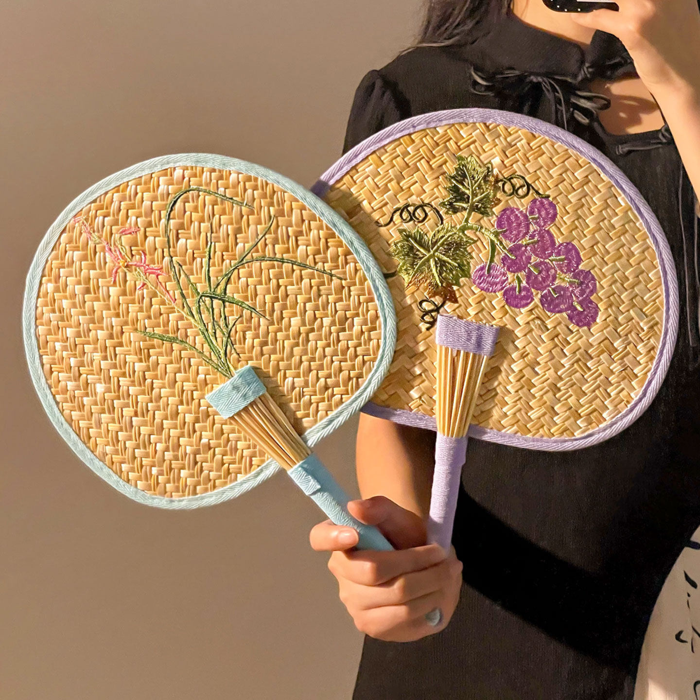 夏季蒲扇手工编织手摇扇芭蕉扇夏天刺绣大蒲扇儿童学生手柄扇可爱
