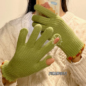 韩版 手套可触屏漏指头可爱加厚分指手套男女学生骑车五指保暖 冬季