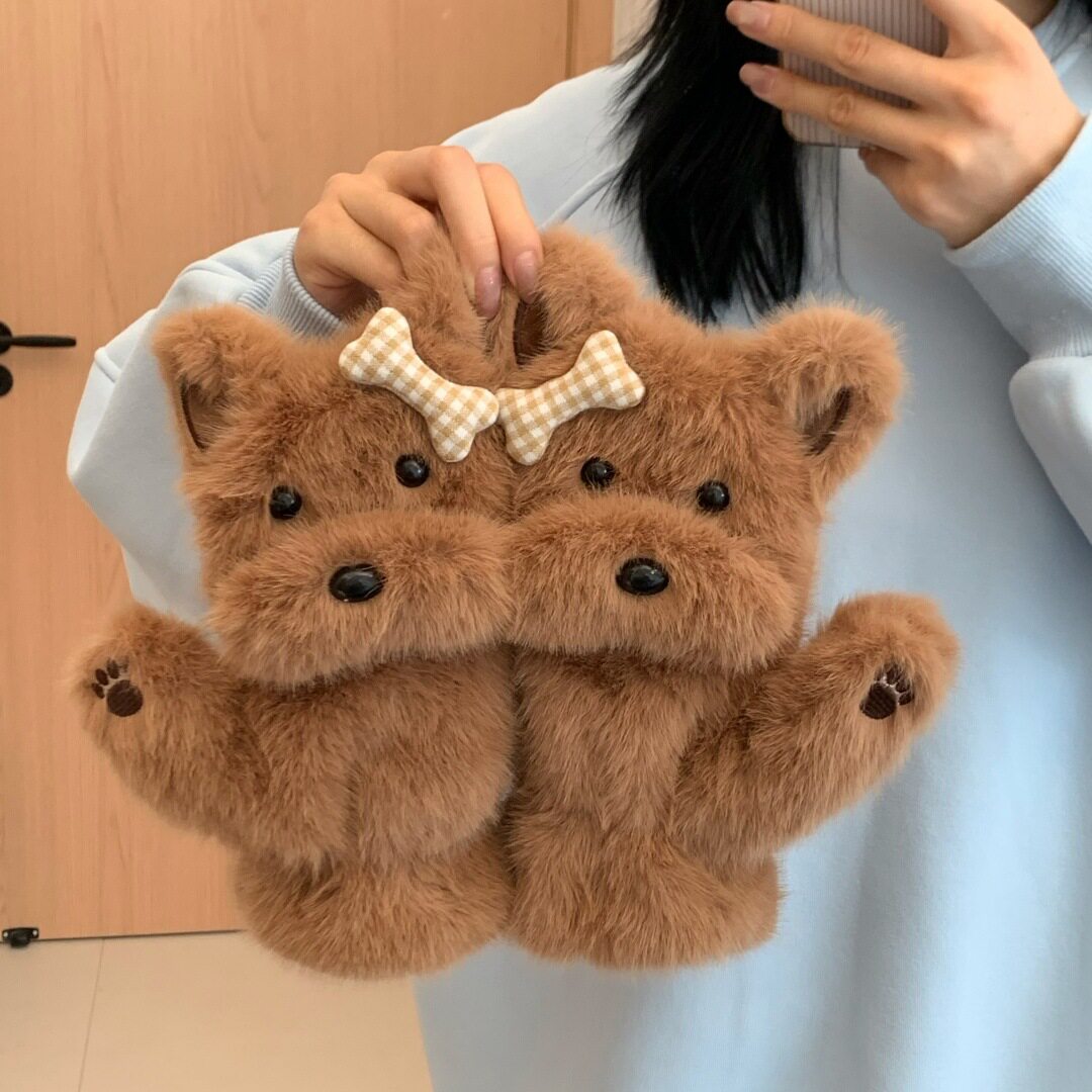 可爱西高地毛绒手套学生骑行防寒保暖手套女冬季上班通勤挂脖手套