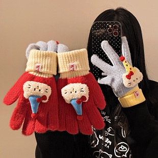 红色小猫手套可爱针织毛线手套女2025冬季可触屏保暖防寒分指手套