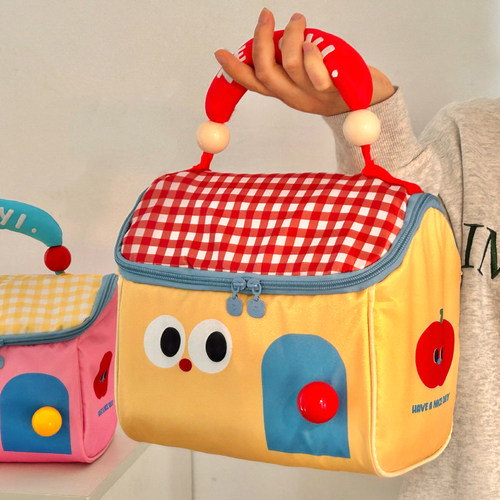 格子化妆包撞色大容量手提收纳包