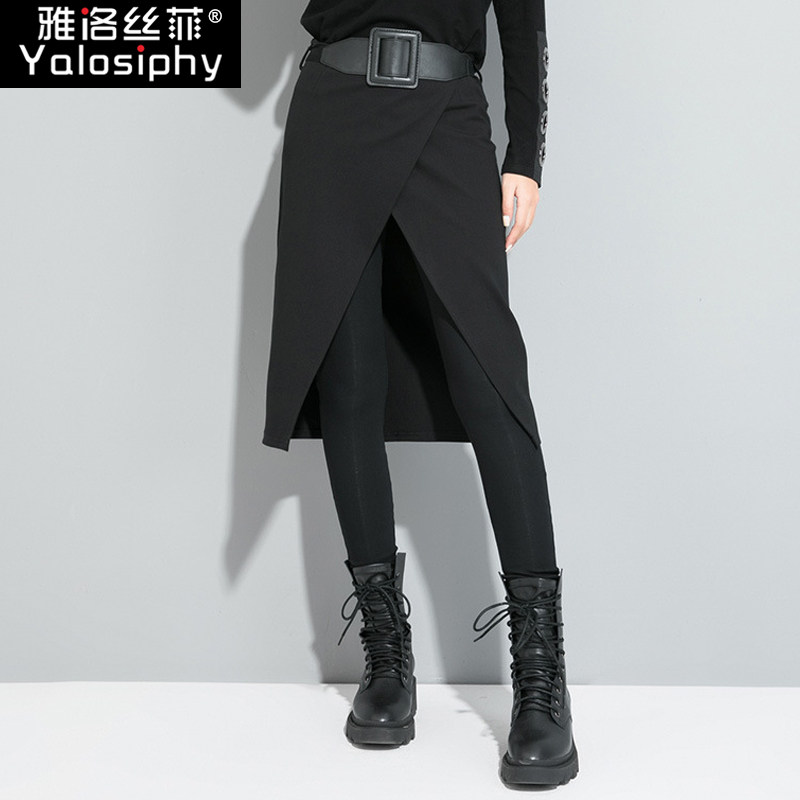 欧洲站春秋新款假两件裤裙女休闲裤个性拼接打底裤女外穿带裙子潮