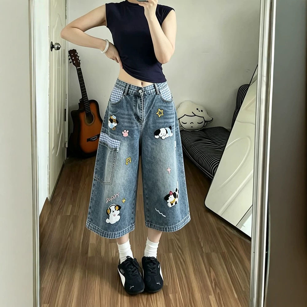夏季可爱小狗刺绣七分牛仔裤女高腰宽松格子拼接阔腿休闲中短裤子