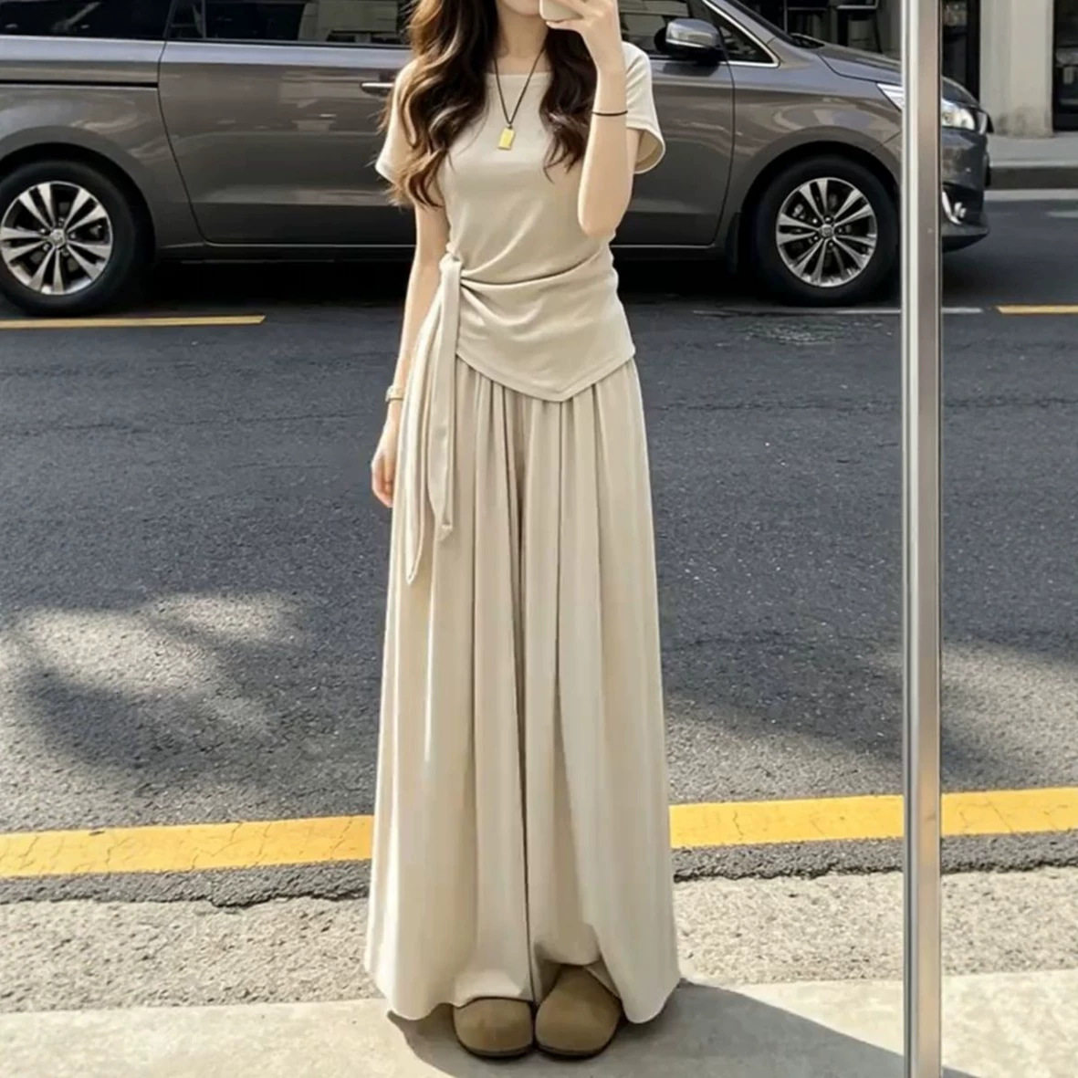 星亿2026夏季新款韩系慵懒风穿搭一字领绑带短袖上衣高腰阔腿裤