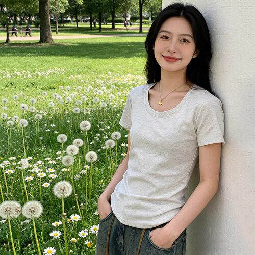 星亿纯棉240g纯棉正肩短袖T恤女修身打底衫纯色tU领上衣内搭百搭