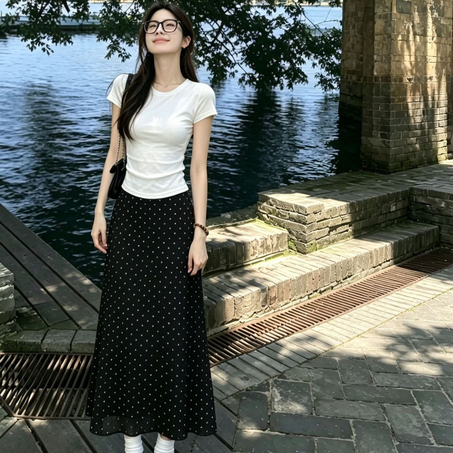 星亿波点半身裙夏季女套装高腰长裙遮胯显瘦长款a字裙子校园韩系