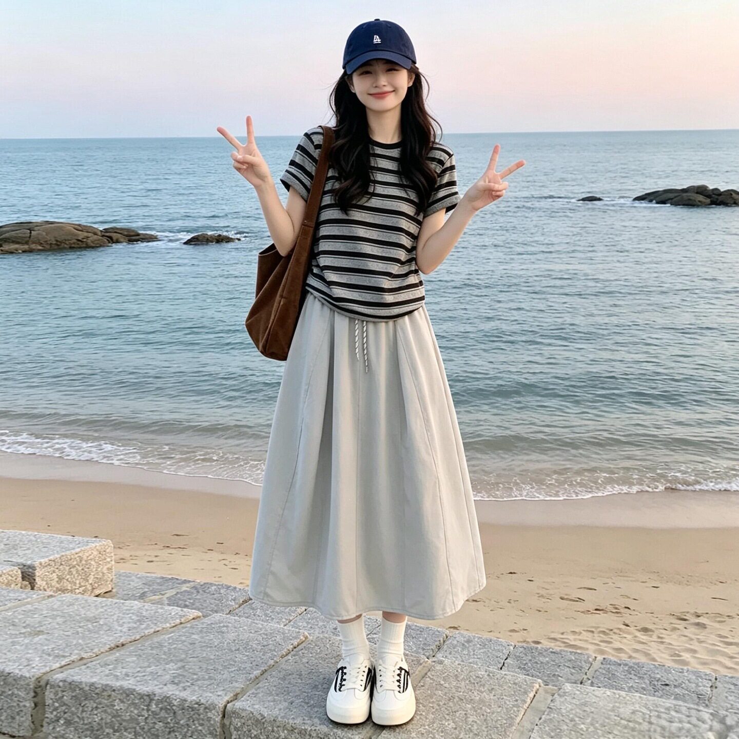 星亿2026新款条纹T恤半身连衣裙女夏季小个子巨好看穿搭一整套装