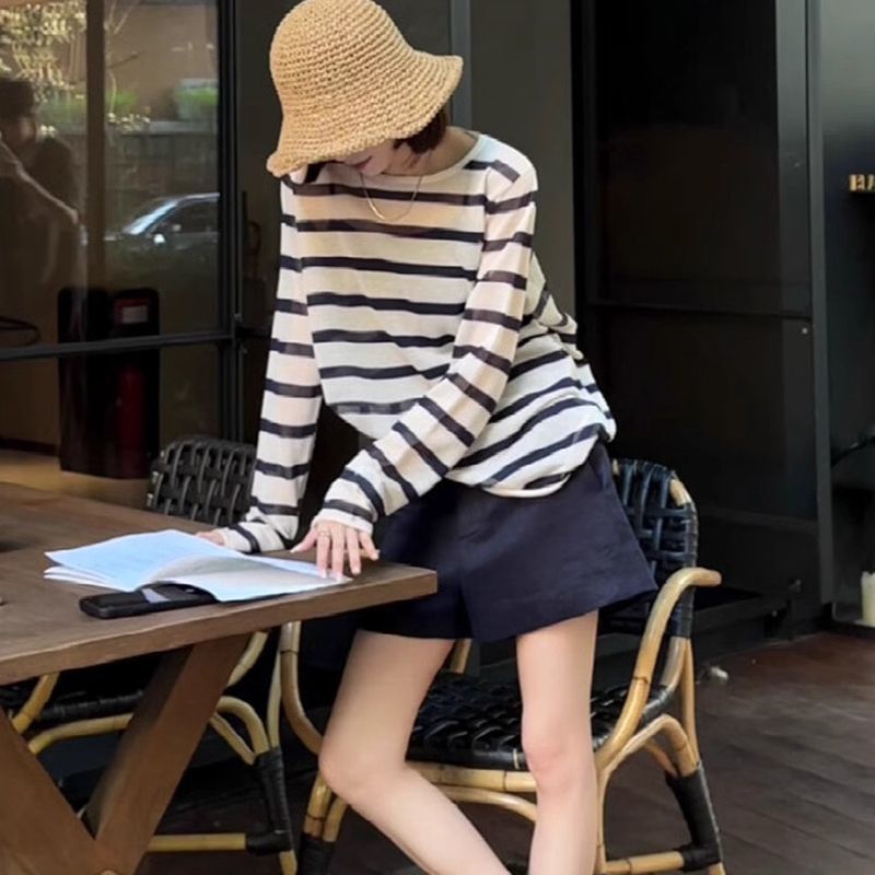 星亿黑白条纹长袖防晒T恤女夏季新款吊带外搭慵懒风罩衫上衣