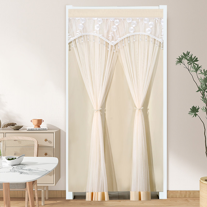 新门帘防蚊半隐私通风免打孔布艺网红纱帘卧室家用蕾丝隔断帘双层