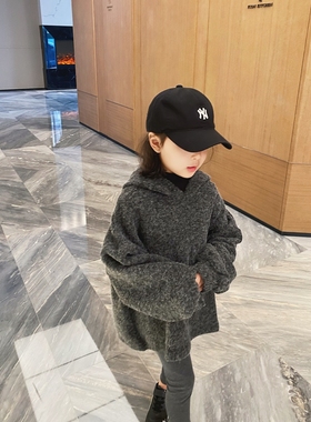 YUSONG◆2025秋冬新款女儿童装男童韩系深灰色连帽针织衫套头毛衣