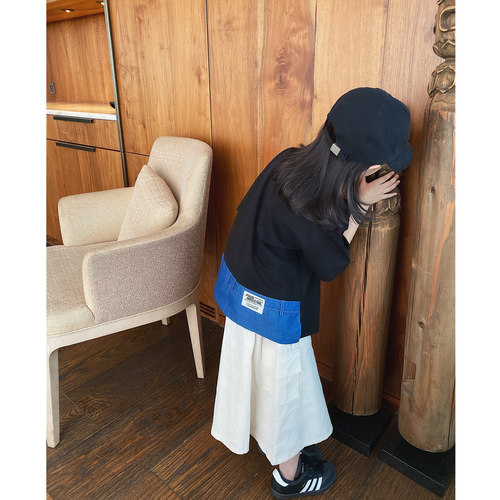 YUSONG◆2025夏季新款女儿童装日系复古黑色口袋拼接牛仔布T恤