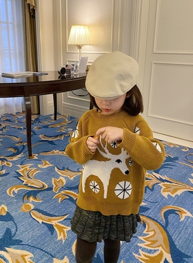 YUSONG◆2024冬季新款女儿童装黄色打底MP小鹿圣诞加厚毛衣羊毛衫