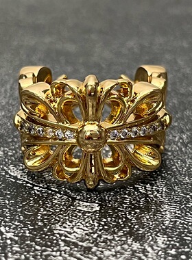 克罗泰银复古做旧！金色鸢尾带锆戒指 个性百搭款