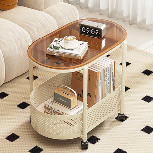 法式 奶油风床头玻璃茶几小户型客厅家用现代简约可移动带轮小圆桌