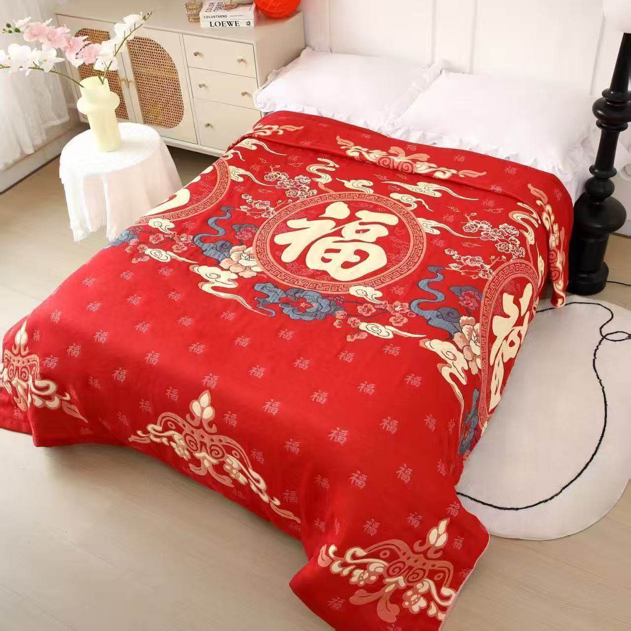 新款新年大红床盖毛巾被提花多层纱布成人毛巾被三件套婚庆单双人
