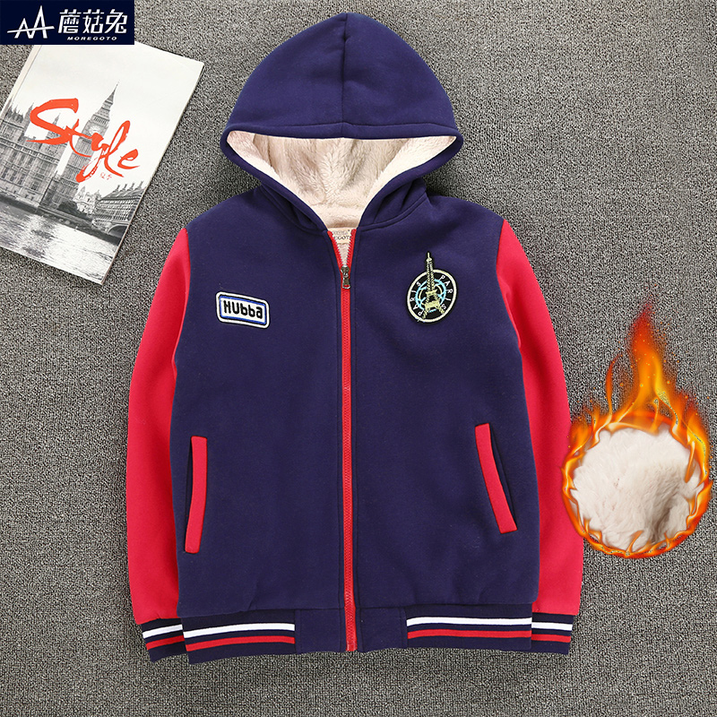 胖童装男童加绒卫衣中大童男孩外套12儿童15岁10加厚冬季连帽上衣