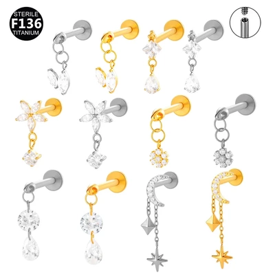 F136钛0.9牙月亮吊坠芒星镶锆石小花内螺纹唇钉软骨钉穿刺耳饰