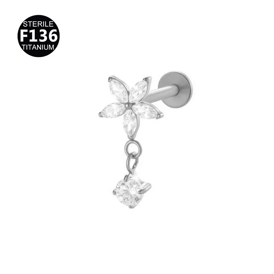 thumbnail for F136 titanium 0.9 tooth moon pendant with a star set with zircon florets internal thread lip nails cartilage nails pierced earrings