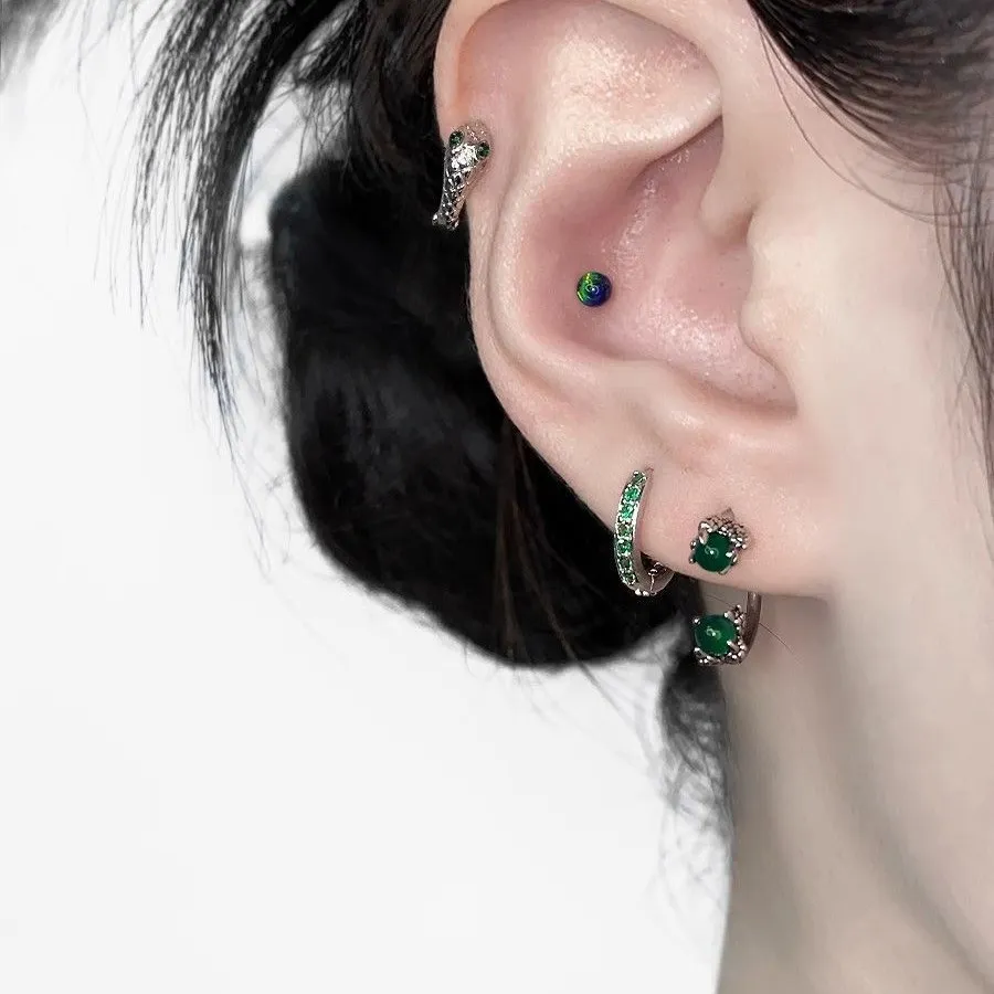 祖母绿龙爪耳圈马蹄环墨绿澳宝耳骨钉复古小蛇耳环小众设计感耳饰