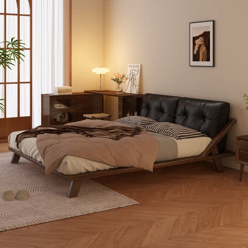 榻榻米软包实木床中古风