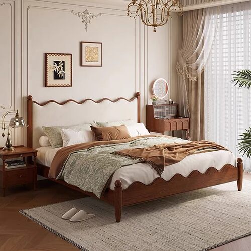 中古风实木软包涟漪床1.8米大床
