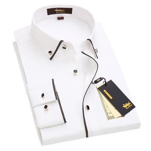 金盾春秋男士白色长袖镶边衬衫免烫衬衣商务休闲修身上衣职业正装