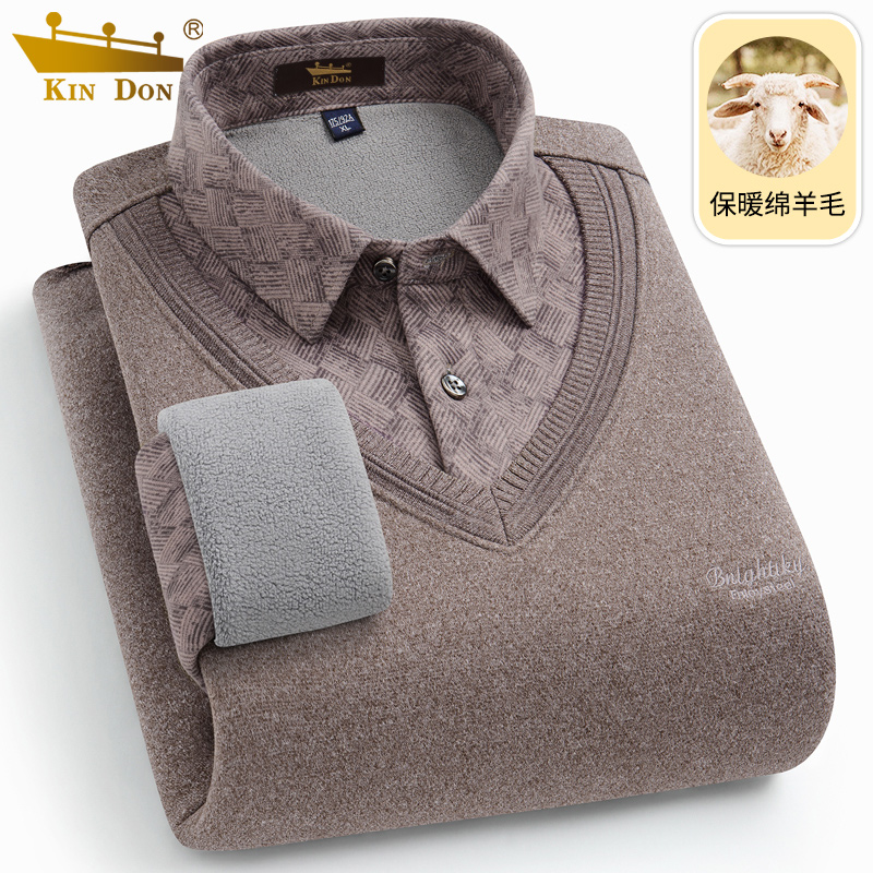 金盾冬季加绒加厚假两件衬衫男士长袖保暖衬衣男中老年爸爸装中年