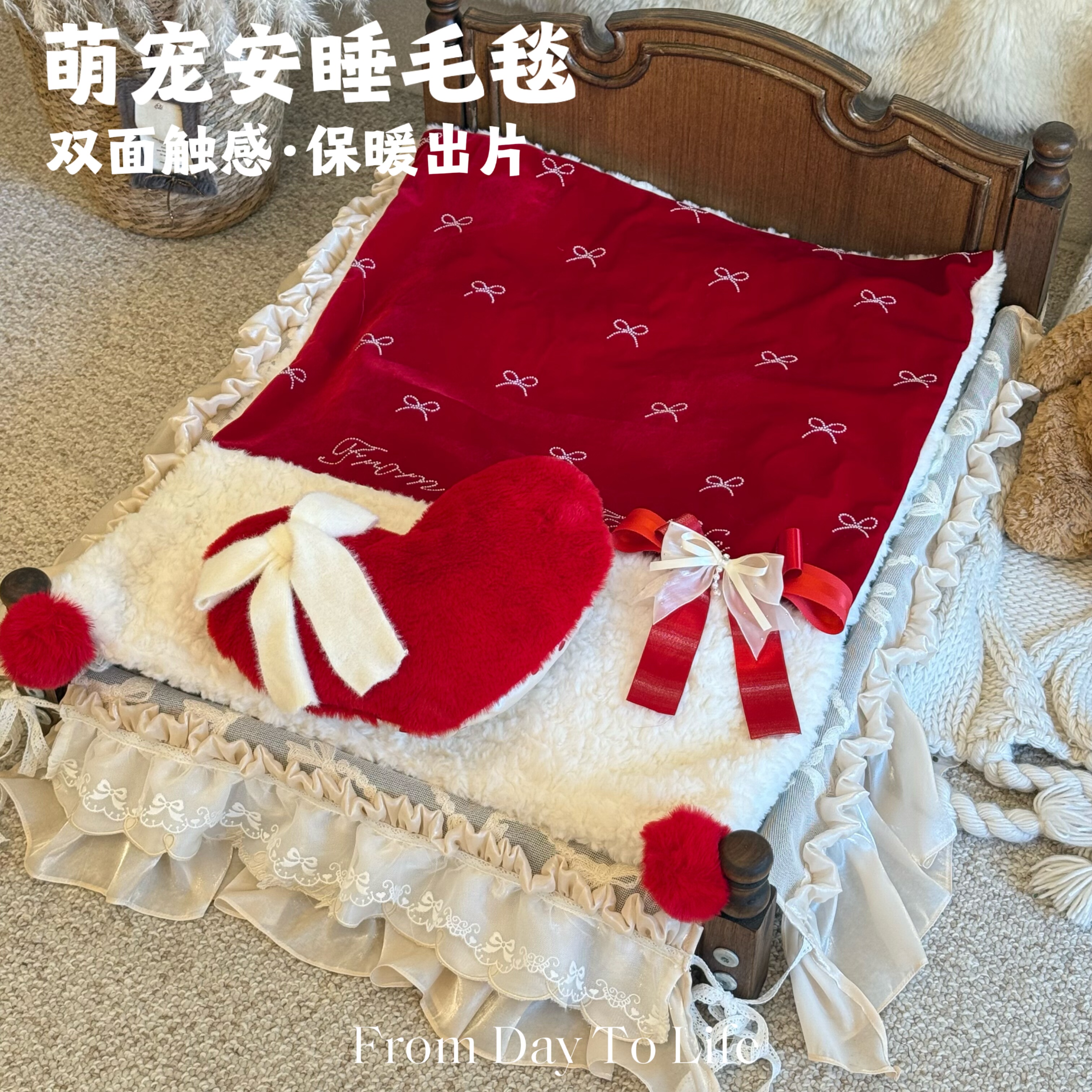 双面毛毯珍珠烫钻蝴蝶结大红色