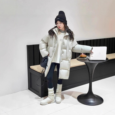 儿童冬季外套中大童女装羽绒服韩系百搭中长款双线航线拼接加厚