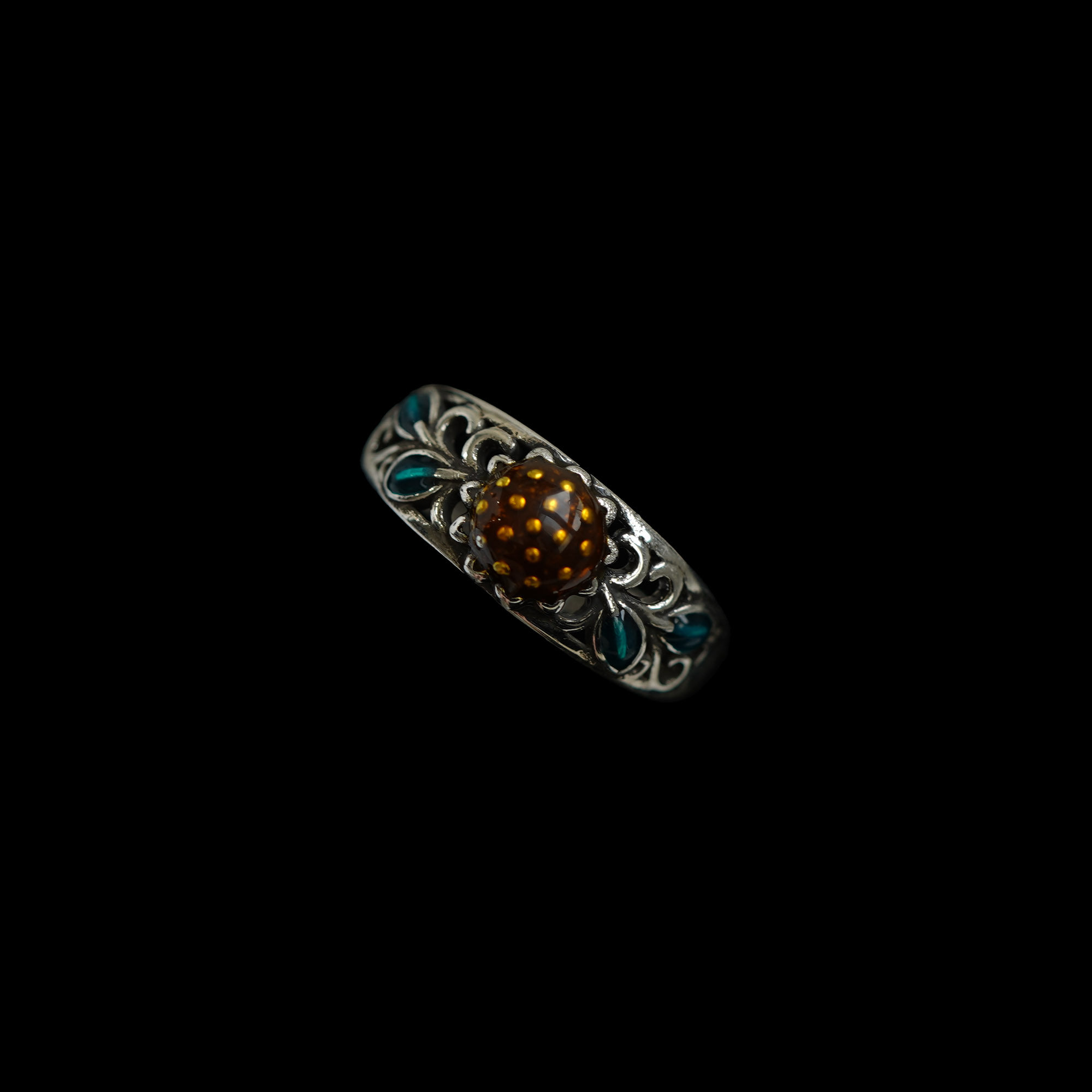 古着复古Ancient silver sunflower colored gemstone ring戒指