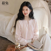 慕兔法式 上衣 别致甜美宽松长袖 气质绣花圆领粉色衬衫 女2026春新款