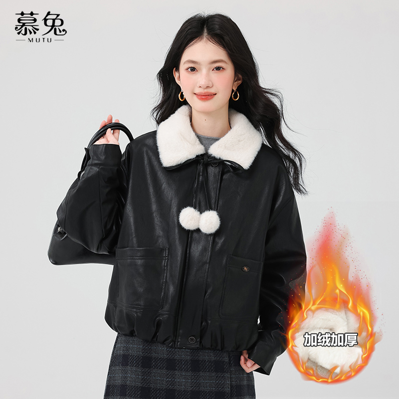慕兔复古小个子PU皮衣外套