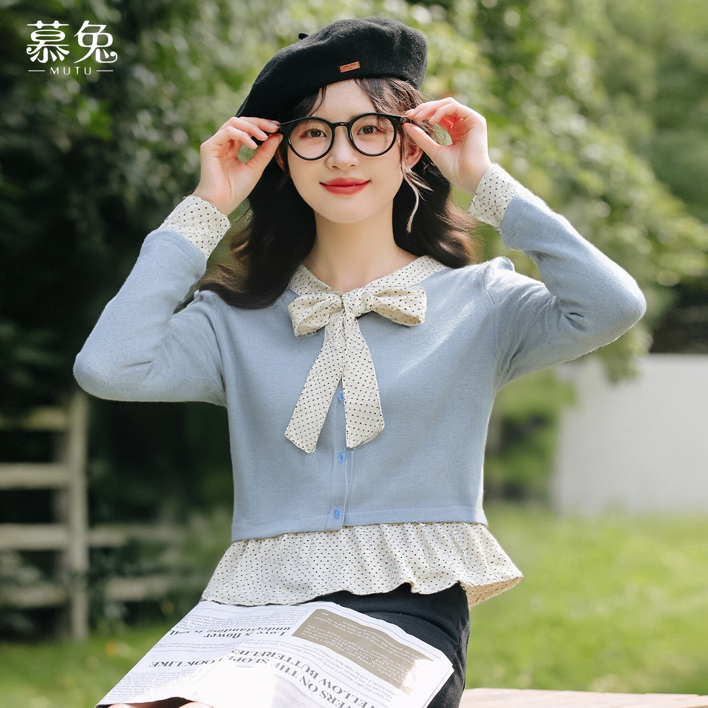 慕兔法式拼接假两件长袖衬衫