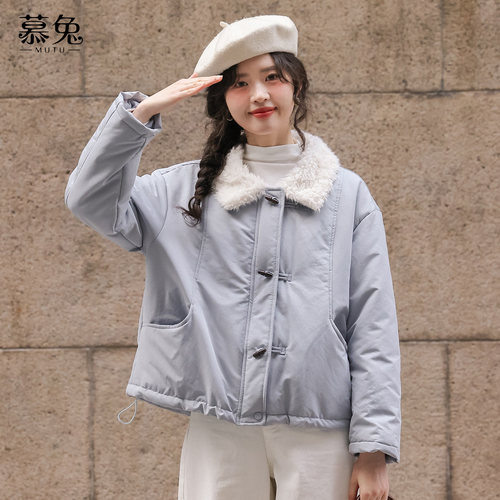 慕兔韩系仿羊羔毛领派克服外套