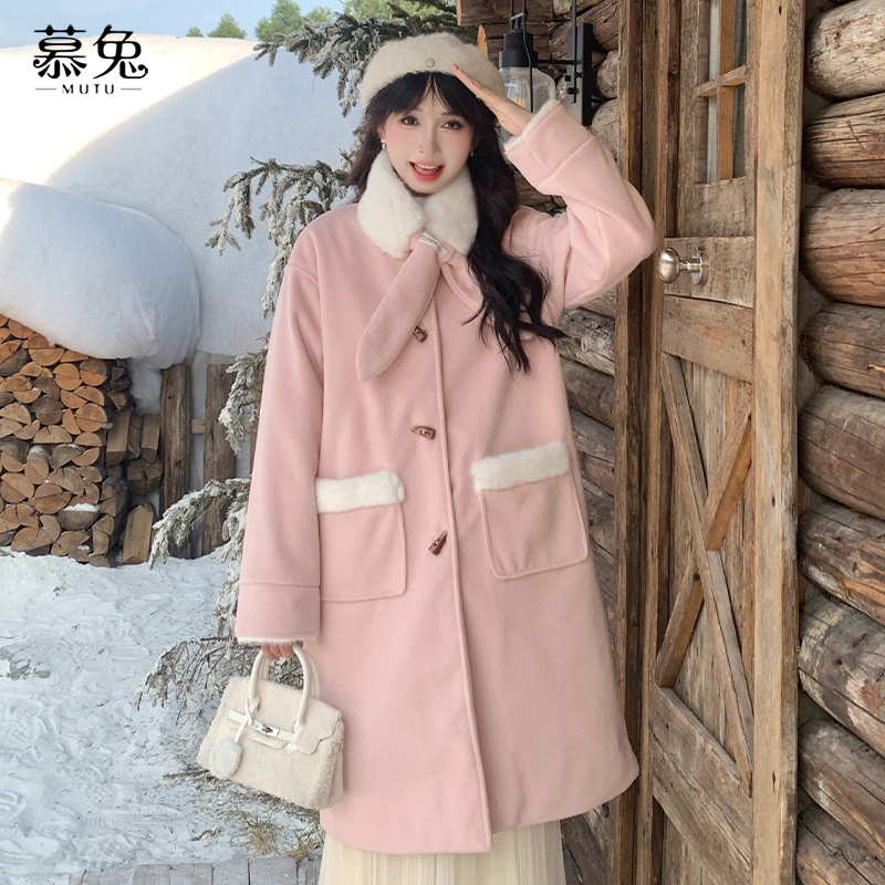 慕兔甜美带围脖中长款毛呢大衣