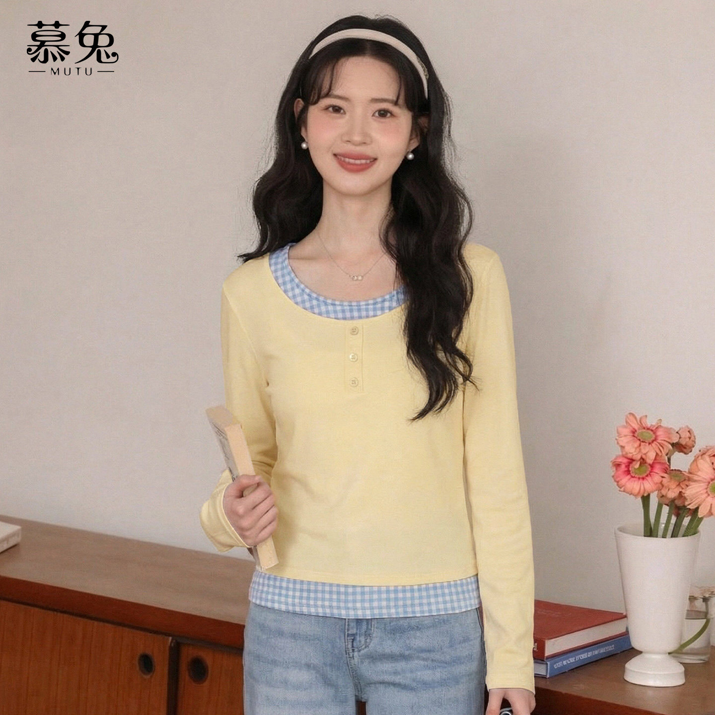 慕兔甜美格子假两件长袖t恤女2026春季新款小个子设计感小众上衣,女装/女士精品,T恤,淘宝优惠券,粉丝福利购,淘宝优惠卷