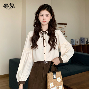 新款 慕兔法式 女2025秋季 衬衫 设计感小众蝴蝶结系带上衣 气质泡泡袖